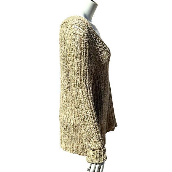 Chicos Open Weave Knit Sweater Boho Loose Fit V Neck Beige Lightweight Pullover - Picture 4 of 8